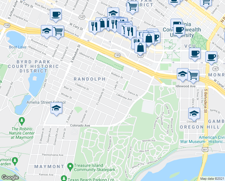 map of restaurants, bars, coffee shops, grocery stores, and more near 1500 Lakeview Avenue in Richmond