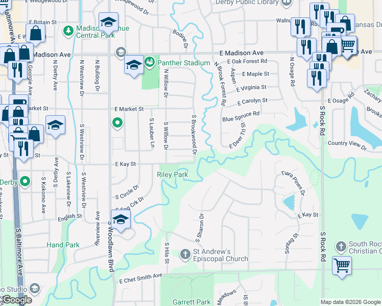 map of restaurants, bars, coffee shops, grocery stores, and more near 1108 East Redwood Road in Derby