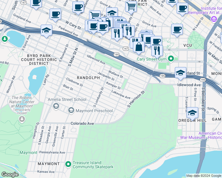 map of restaurants, bars, coffee shops, grocery stores, and more near 1500 Lakeview Avenue in Richmond