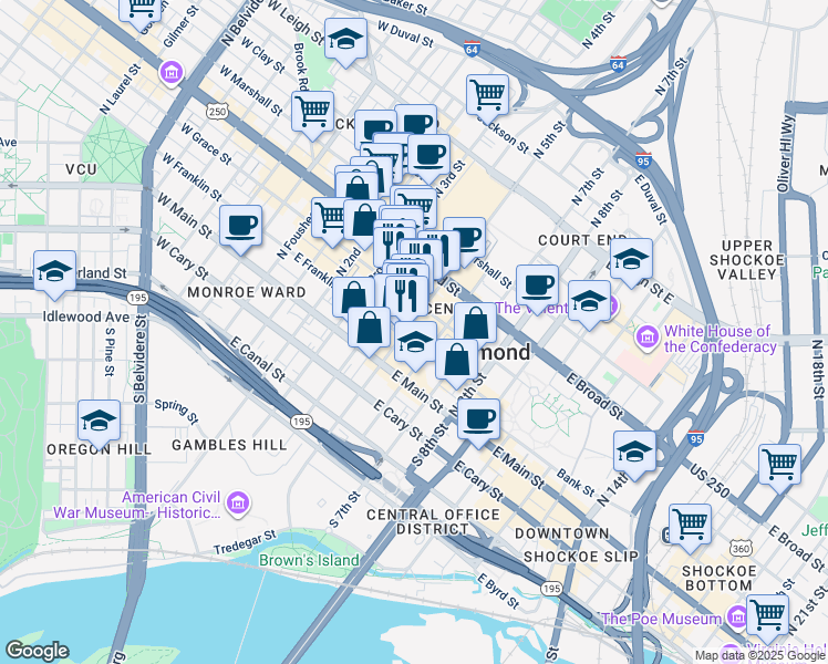 map of restaurants, bars, coffee shops, grocery stores, and more near 101 North 5th Street in Richmond