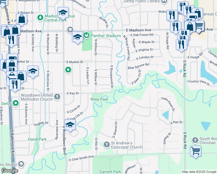 map of restaurants, bars, coffee shops, grocery stores, and more near 1108 East Redwood Road in Derby