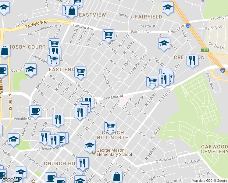 map of restaurants, bars, coffee shops, grocery stores, and more near 1410 North 26th Street in Richmond