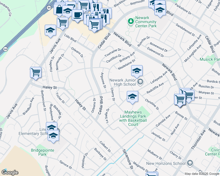 map of restaurants, bars, coffee shops, grocery stores, and more near 36005 Cherry Street in Newark