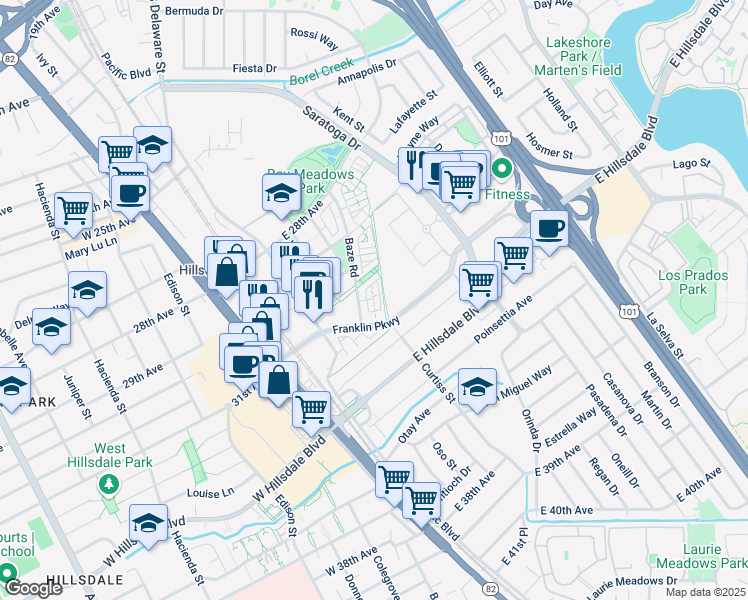 map of restaurants, bars, coffee shops, grocery stores, and more near 2600 South Delaware Street in San Mateo