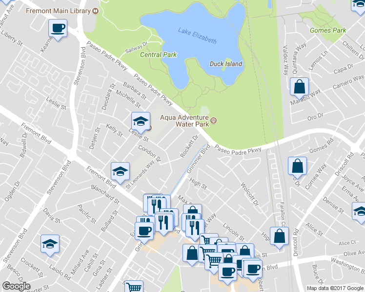 map of restaurants, bars, coffee shops, grocery stores, and more near 3080 Cadman Road in Fremont