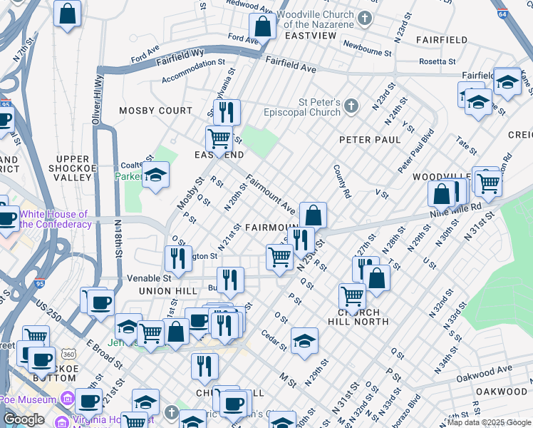 map of restaurants, bars, coffee shops, grocery stores, and more near 1202 North 22nd Street in Richmond