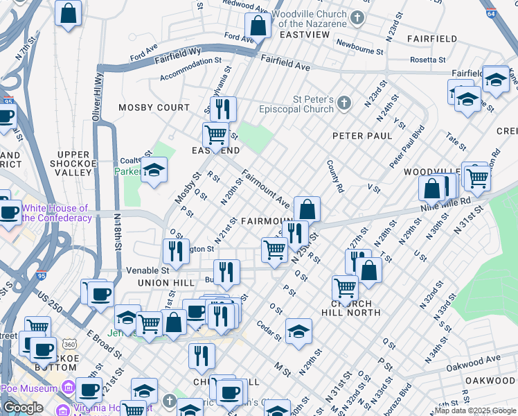 map of restaurants, bars, coffee shops, grocery stores, and more near 1200 North 22nd Street in Richmond