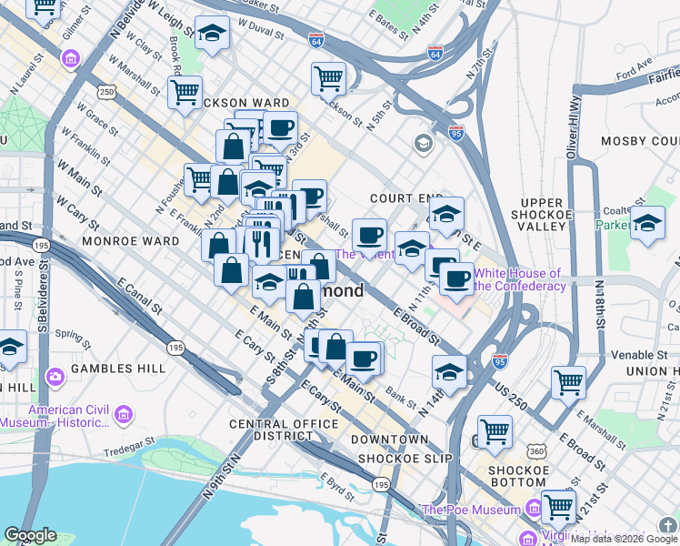 map of restaurants, bars, coffee shops, grocery stores, and more near 701 East Broad Street in Richmond