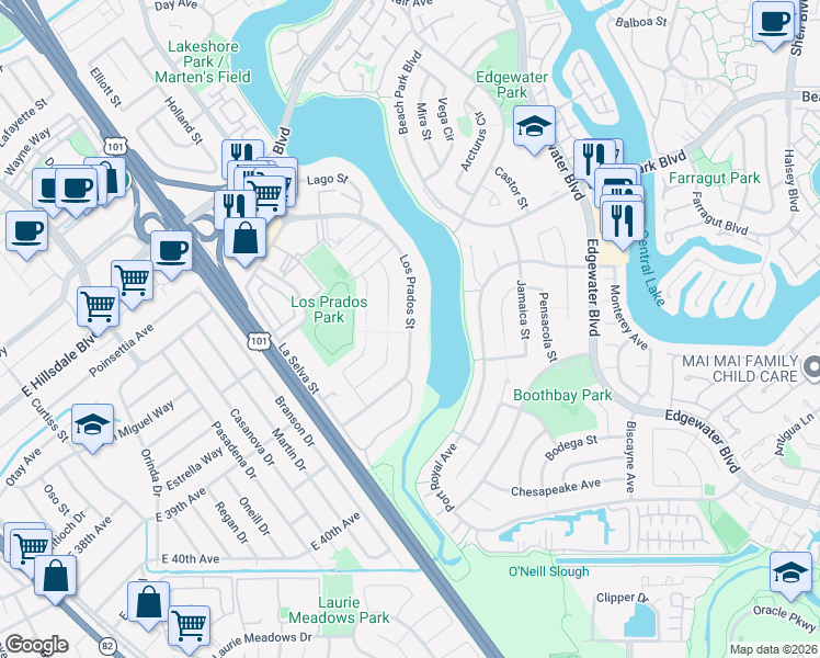 map of restaurants, bars, coffee shops, grocery stores, and more near Los Prados Street in San Mateo