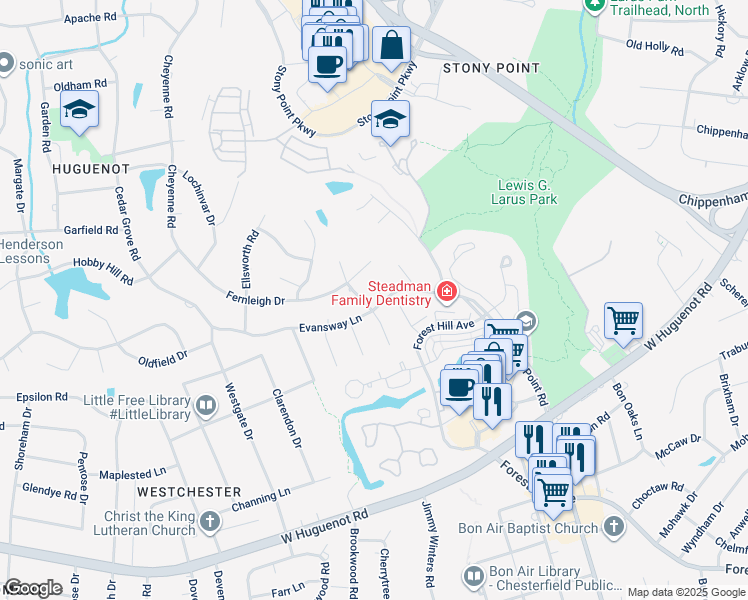 map of restaurants, bars, coffee shops, grocery stores, and more near 3201 Ashdown Road in Richmond