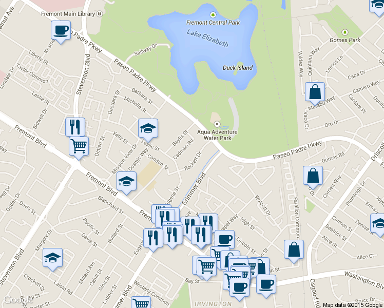 map of restaurants, bars, coffee shops, grocery stores, and more near 3080 Cadman Road in Fremont