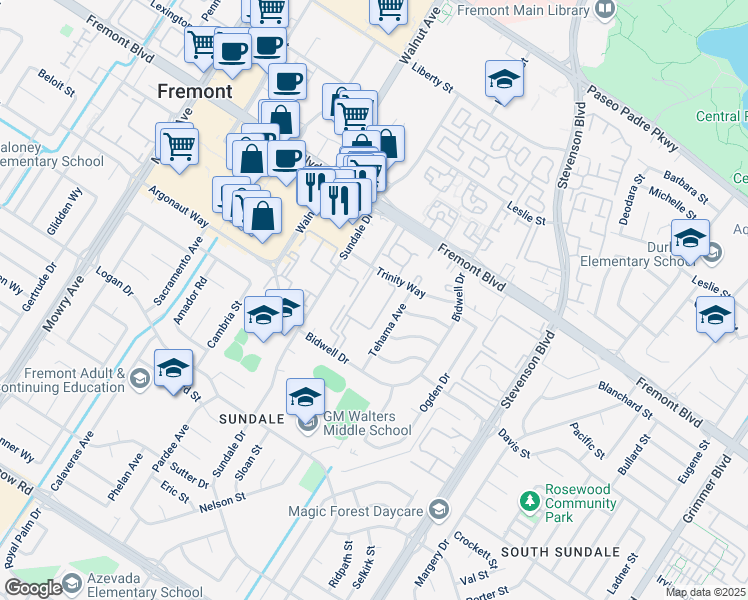 map of restaurants, bars, coffee shops, grocery stores, and more near 39150 Sundale Drive in Fremont