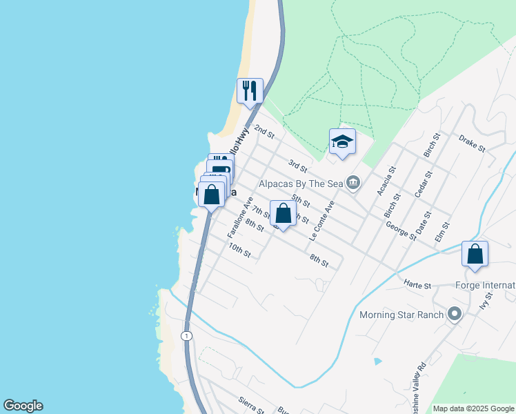 map of restaurants, bars, coffee shops, grocery stores, and more near 296 6th Street in Montara