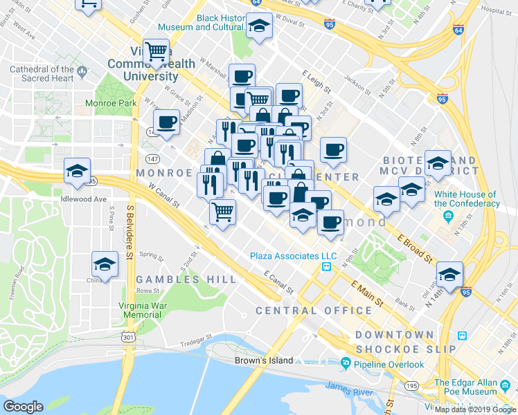 map of restaurants, bars, coffee shops, grocery stores, and more near 206 East Main Street in Richmond