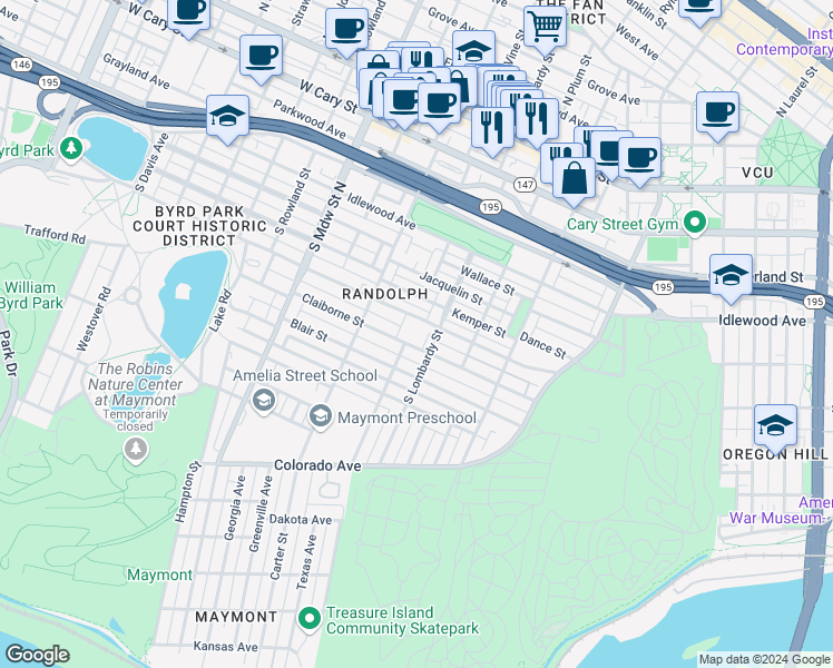 map of restaurants, bars, coffee shops, grocery stores, and more near 1612 Lakeview Avenue in Richmond