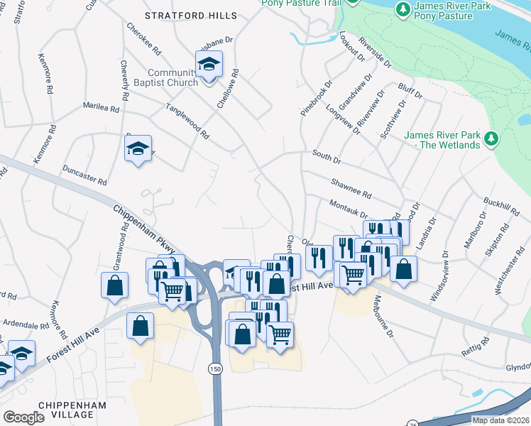 map of restaurants, bars, coffee shops, grocery stores, and more near 7213 Cherokee Road in Richmond