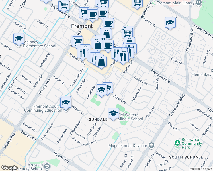 map of restaurants, bars, coffee shops, grocery stores, and more near 39413 Parkhurst Drive in Fremont