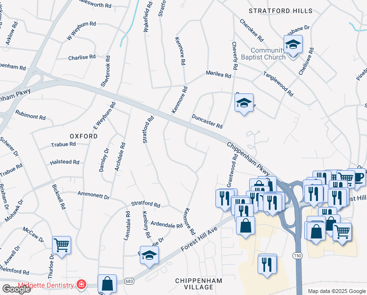 map of restaurants, bars, coffee shops, grocery stores, and more near 7745 Fellsway Road in Richmond