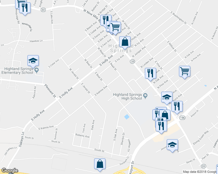 map of restaurants, bars, coffee shops, grocery stores, and more near 125 South Kalmia Avenue in Henrico