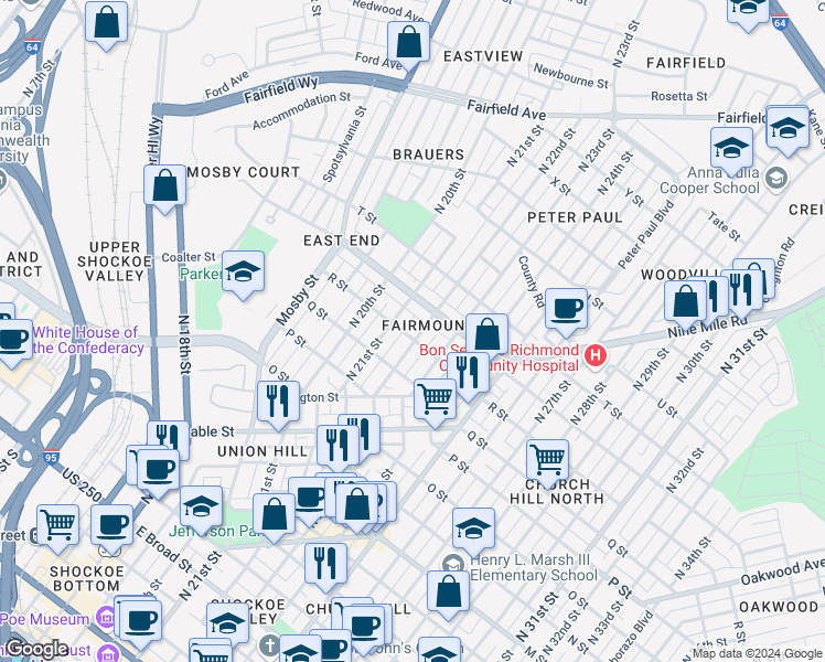 map of restaurants, bars, coffee shops, grocery stores, and more near 1202 North 22nd Street in Richmond