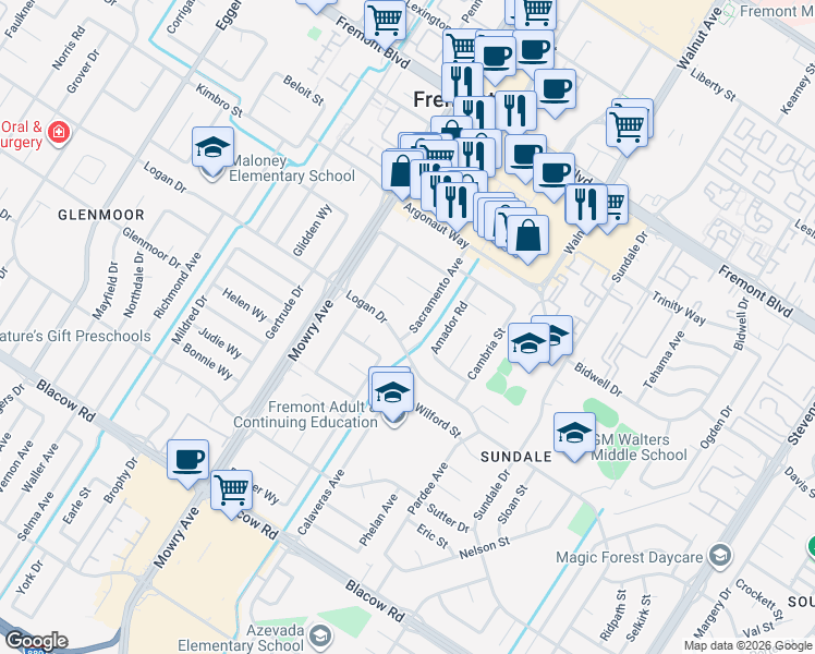 map of restaurants, bars, coffee shops, grocery stores, and more near 39087 Carmel Court in Fremont