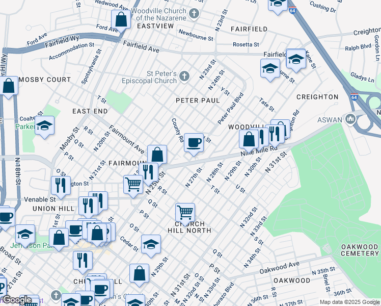 map of restaurants, bars, coffee shops, grocery stores, and more near 1410 North 26th Street in Richmond