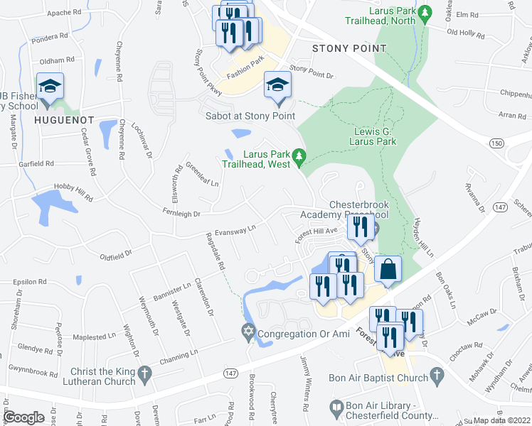 map of restaurants, bars, coffee shops, grocery stores, and more near 3201 Ashdown Road in Richmond