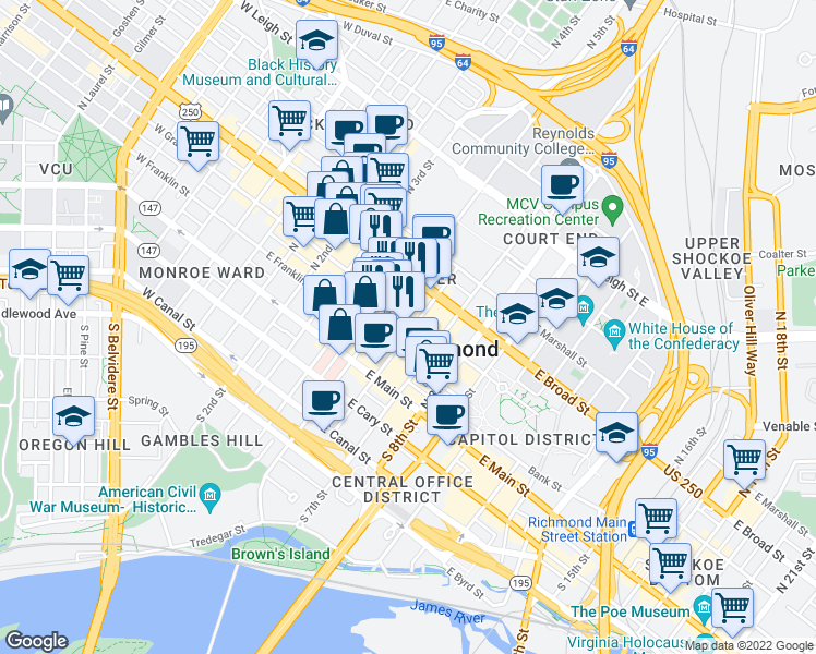 map of restaurants, bars, coffee shops, grocery stores, and more near 525 East Grace Street in Richmond