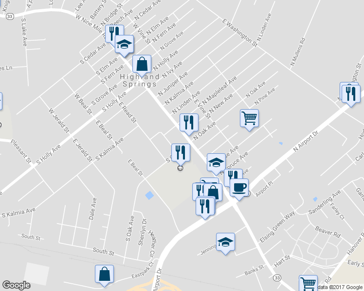 map of restaurants, bars, coffee shops, grocery stores, and more near 4 South Oak Avenue in Highland Springs