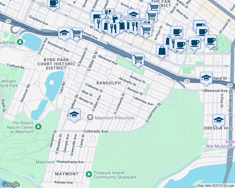 map of restaurants, bars, coffee shops, grocery stores, and more near 1612 Lakeview Avenue in Richmond