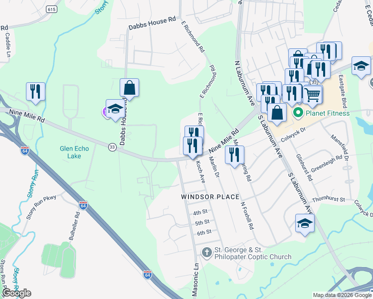 map of restaurants, bars, coffee shops, grocery stores, and more near 4200 Nine Mile Road in Richmond