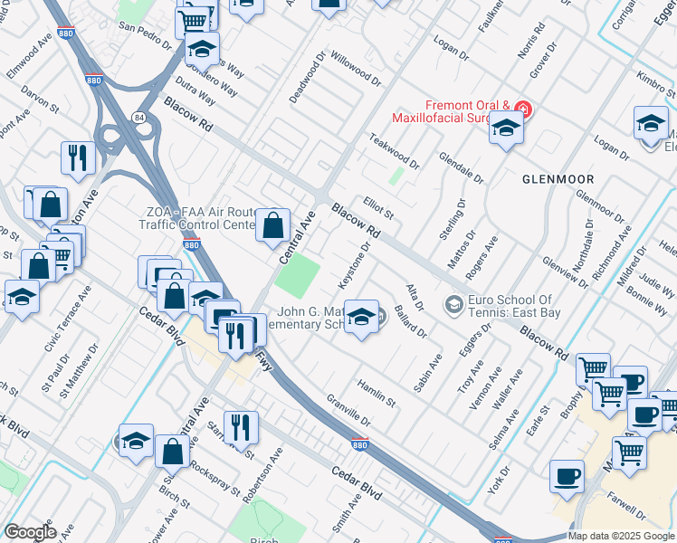 map of restaurants, bars, coffee shops, grocery stores, and more near 37792 Colfax Court in Fremont