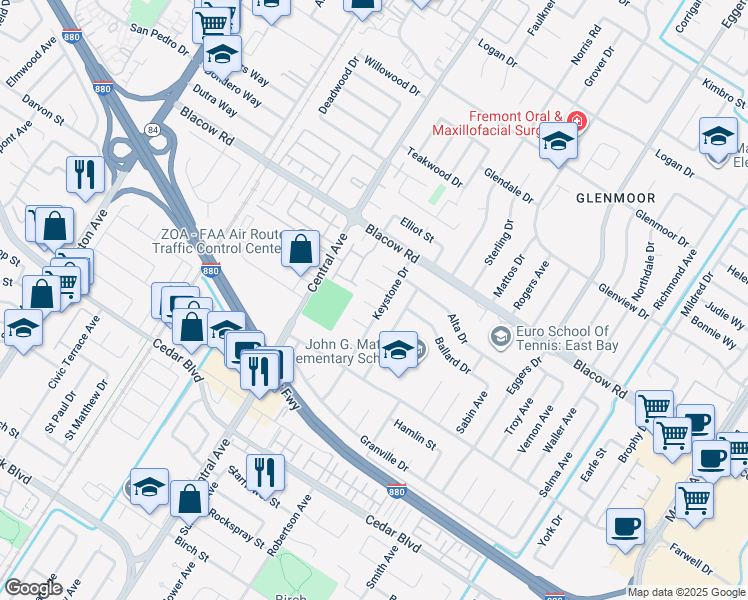 map of restaurants, bars, coffee shops, grocery stores, and more near 37792 Colfax Court in Fremont