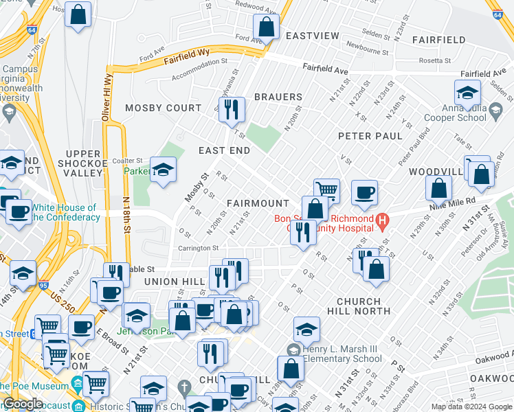 map of restaurants, bars, coffee shops, grocery stores, and more near 1121 North 21st Street in Richmond