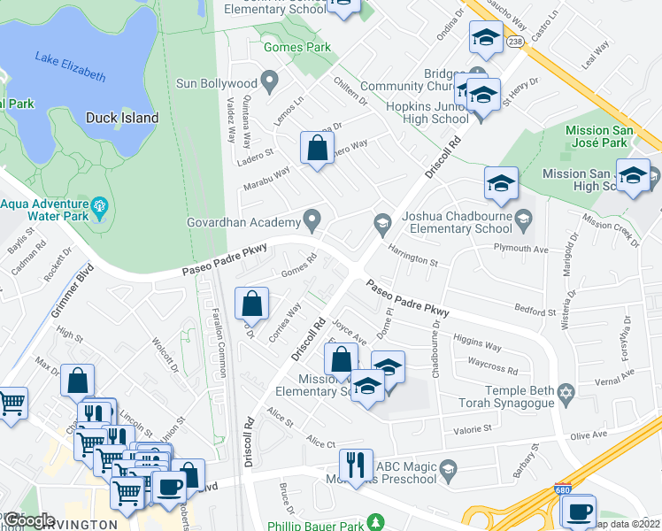 map of restaurants, bars, coffee shops, grocery stores, and more near 1952 Briscoe Terrace in Fremont