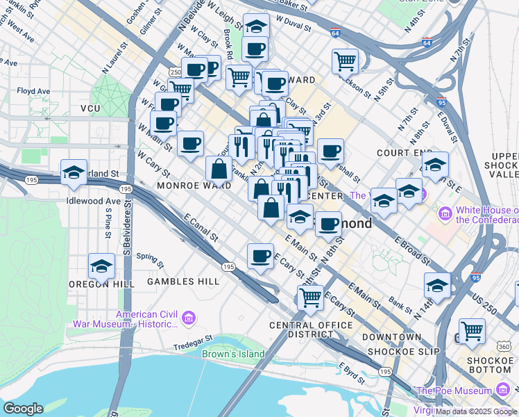 map of restaurants, bars, coffee shops, grocery stores, and more near 307 East Franklin Street in Richmond
