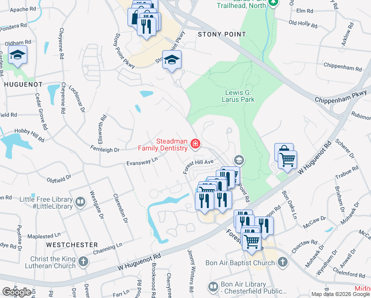 map of restaurants, bars, coffee shops, grocery stores, and more near 9320 Evansway Lane in Richmond