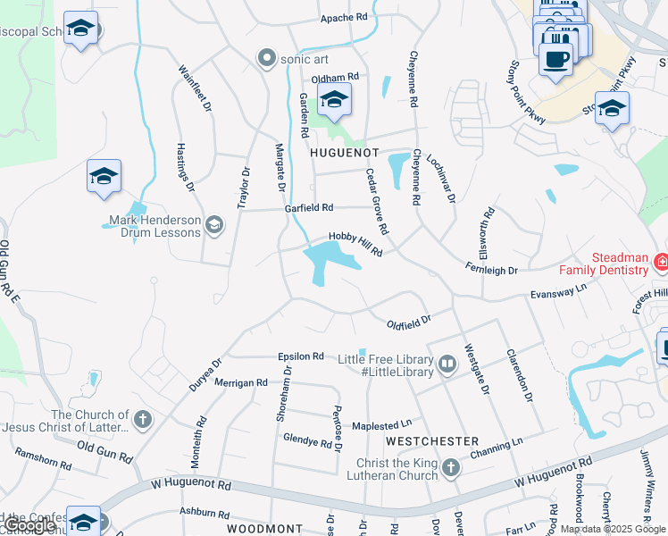 map of restaurants, bars, coffee shops, grocery stores, and more near 10052 Oldfield Drive in Richmond