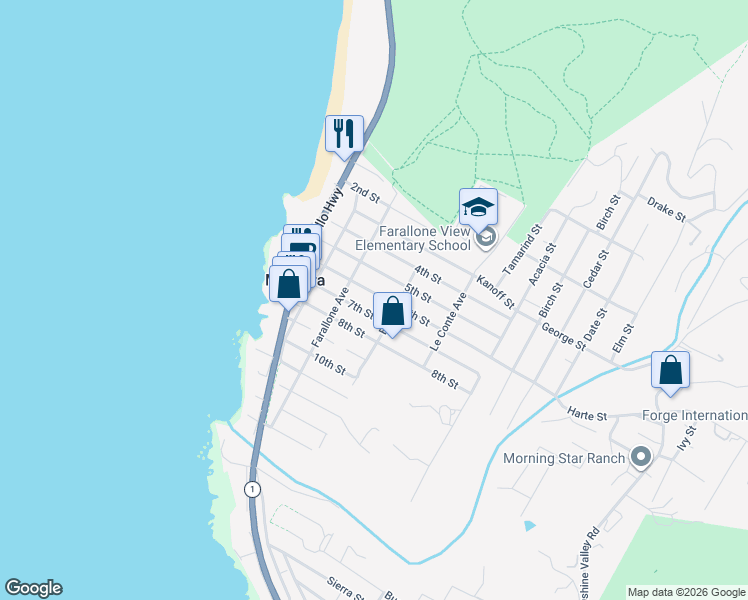 map of restaurants, bars, coffee shops, grocery stores, and more near 350 6th Street in Montara
