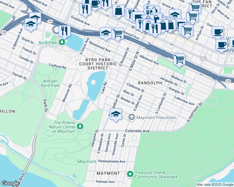 map of restaurants, bars, coffee shops, grocery stores, and more near 902 South Meadow Street in Richmond