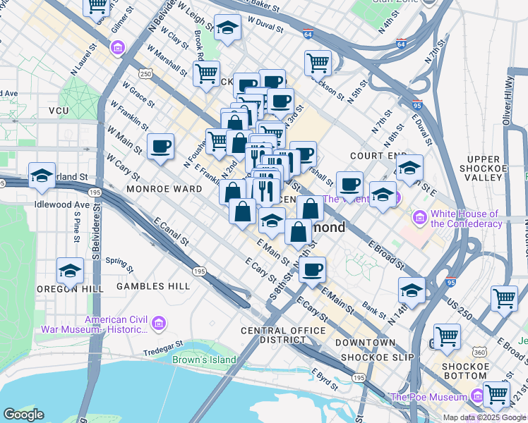 map of restaurants, bars, coffee shops, grocery stores, and more near in Richmond