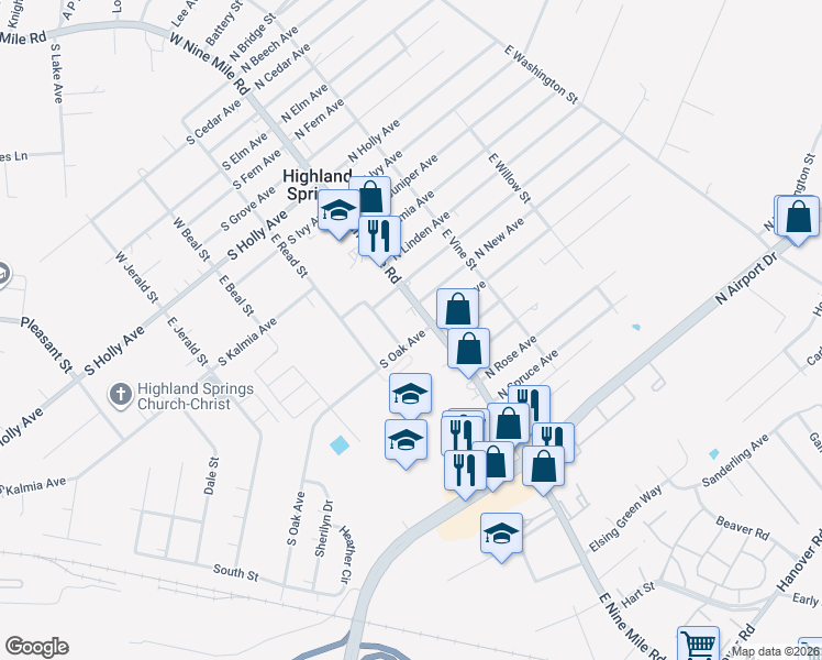 map of restaurants, bars, coffee shops, grocery stores, and more near 606 East 9 Mile Road in Highland Springs
