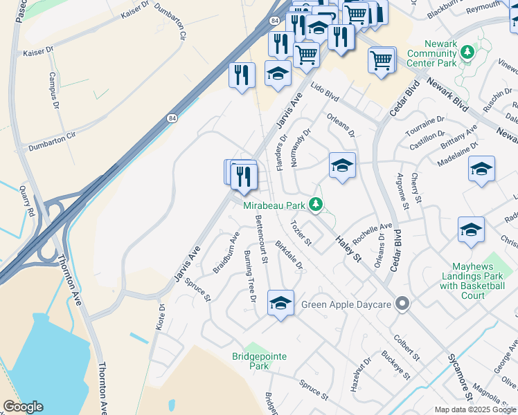 map of restaurants, bars, coffee shops, grocery stores, and more near 35660 Haley Street in Newark