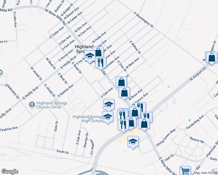 map of restaurants, bars, coffee shops, grocery stores, and more near 4 South Oak Avenue in Highland Springs