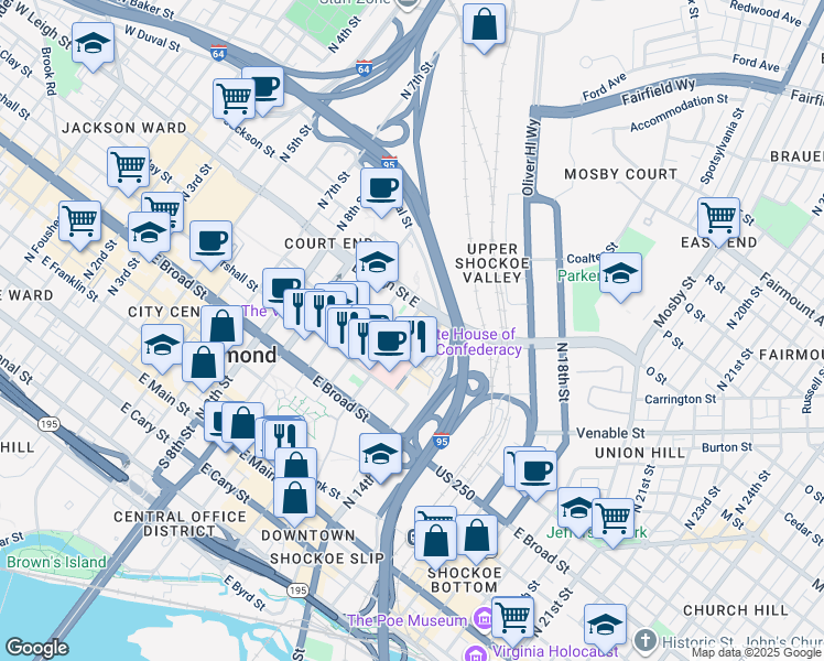 map of restaurants, bars, coffee shops, grocery stores, and more near 521 North 12th Street in Richmond