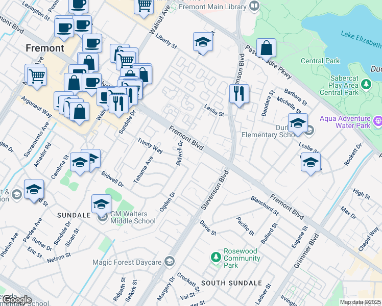 map of restaurants, bars, coffee shops, grocery stores, and more near 39792 Bissy Common in Fremont