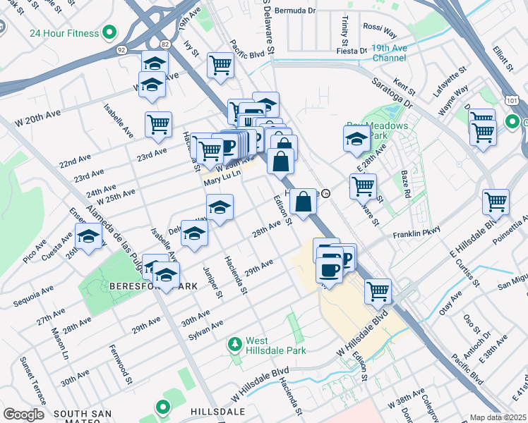 map of restaurants, bars, coffee shops, grocery stores, and more near 50 27th Avenue in San Mateo