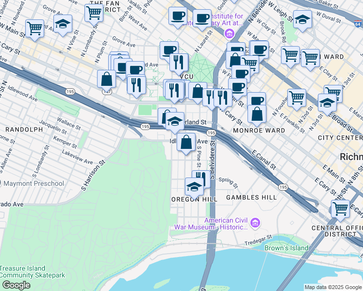 map of restaurants, bars, coffee shops, grocery stores, and more near 227 South Cherry Street in Richmond