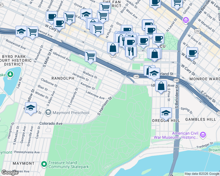 map of restaurants, bars, coffee shops, grocery stores, and more near 1226 Wallace Street in Richmond