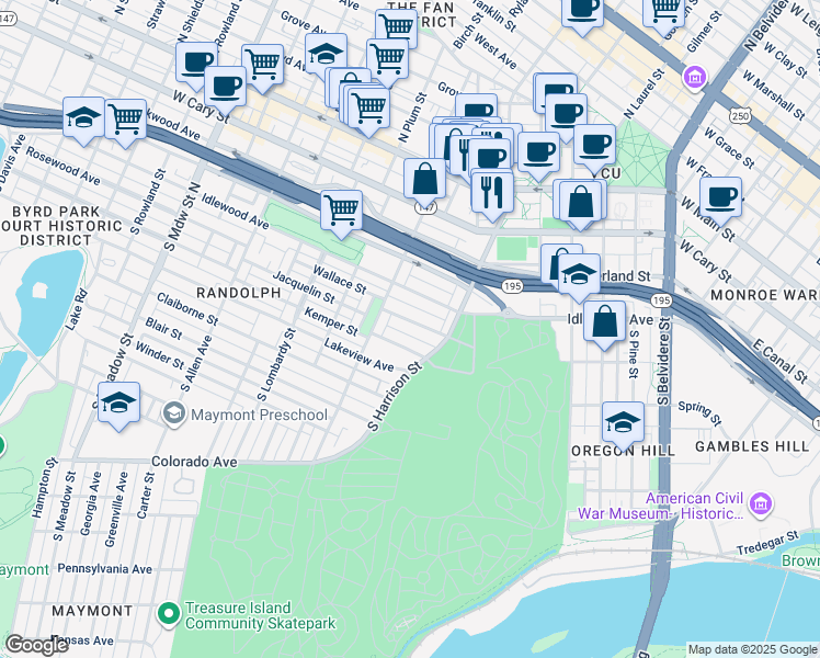 map of restaurants, bars, coffee shops, grocery stores, and more near 1226 Wallace Street in Richmond